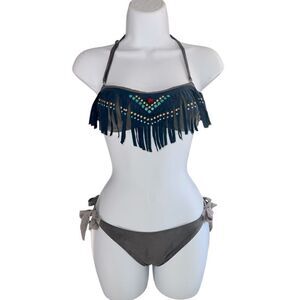 POWER FLOWER Swing-suit Set Bikini Fringes Beads Top Detail Size M Bottom S
